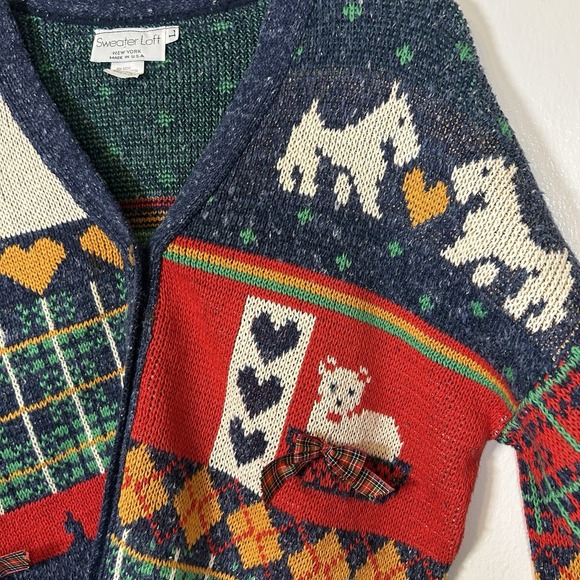 Vintage Sweater Loft Cardigan Sweater Large Scottie Westie Hearts Cottagecore - Picture 3 of 8